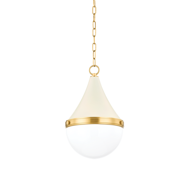A gold and white Carlsbad pendant light with a conical metal shade and a glossy glass diffuser.